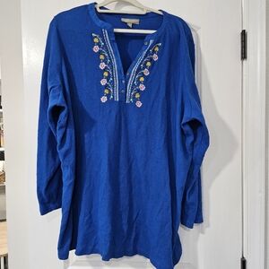 Woman Within Floral Embroidered Long-Sleeve Henley Tunic Top Waffle Knit 2X Blue